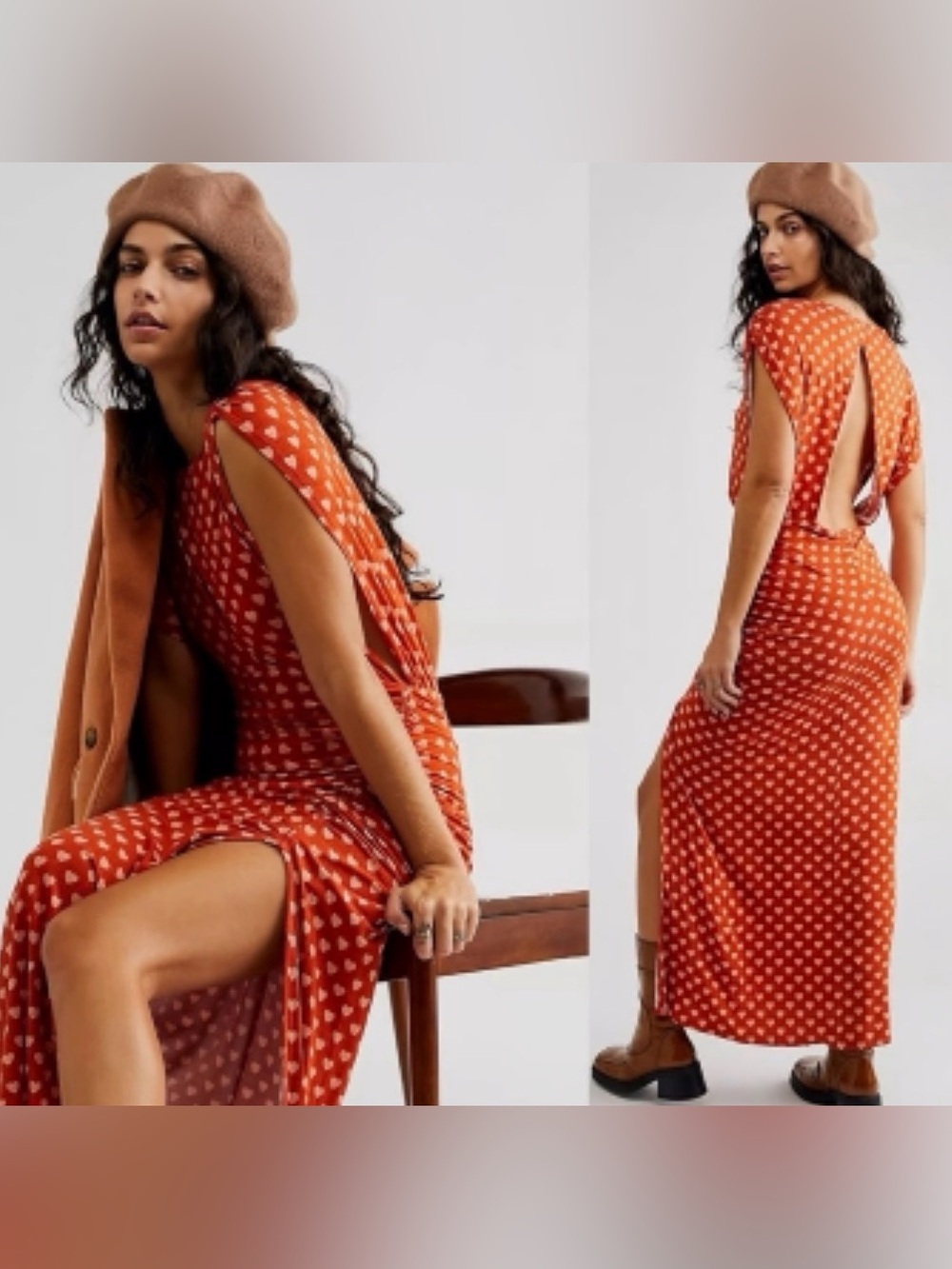 Free People Lakeside Heart Printed Dress Small Ginger Rust Brown Fall - Picture 4 of 11